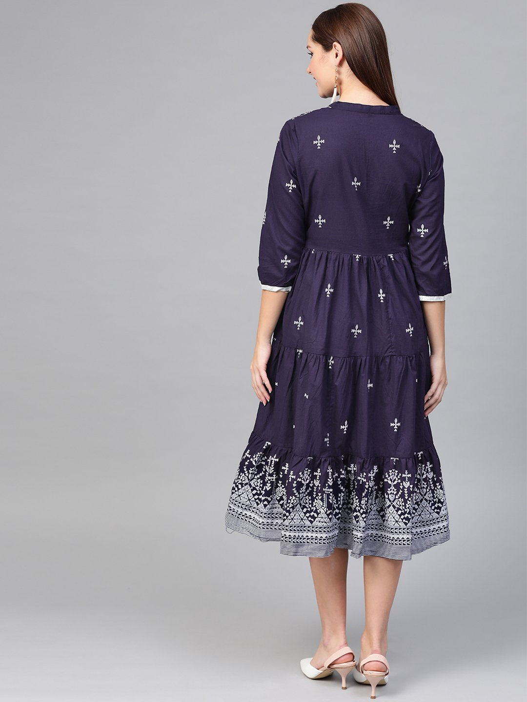 Women Navy Blue & White Tribal Printed Fit And Flare Dress | LASVINI - Redefining Indian Fashion with Elegance