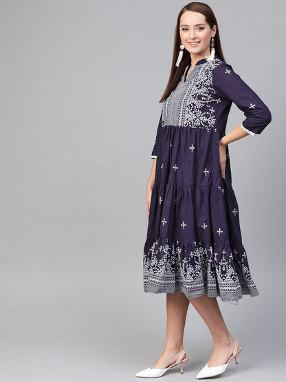 Women Navy Blue & White Tribal Printed Fit And Flare Dress | LASVINI - Redefining Indian Fashion with Elegance