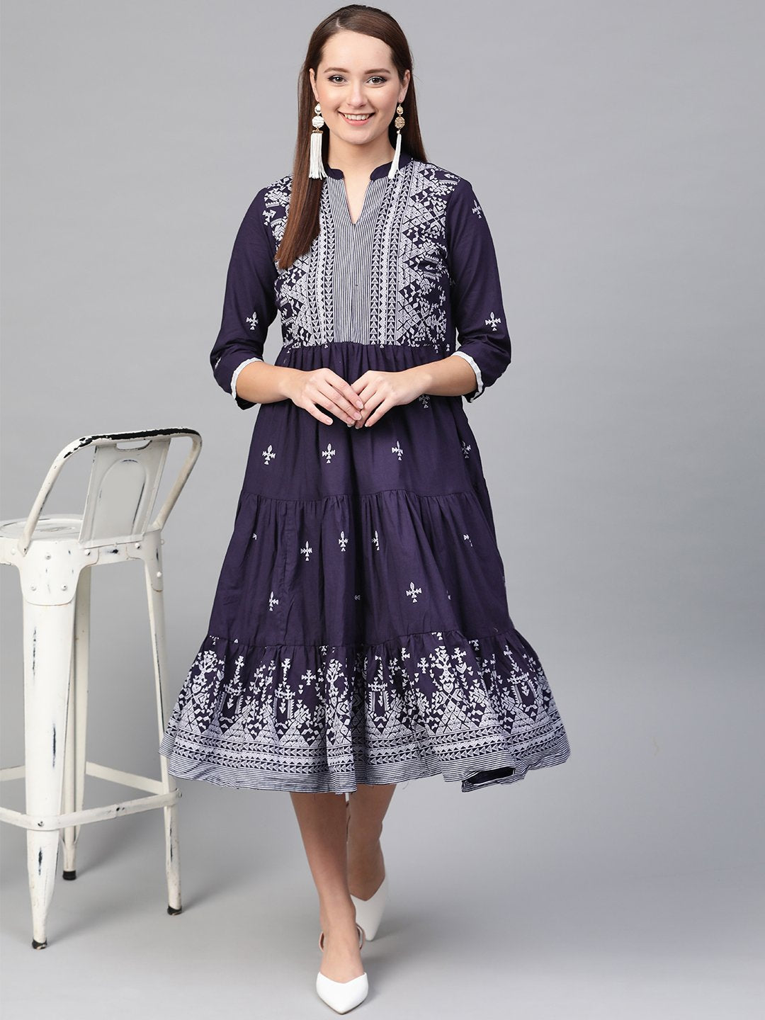 Women Navy Blue & White Tribal Printed Fit And Flare Dress | LASVINI - Redefining Indian Fashion with Elegance