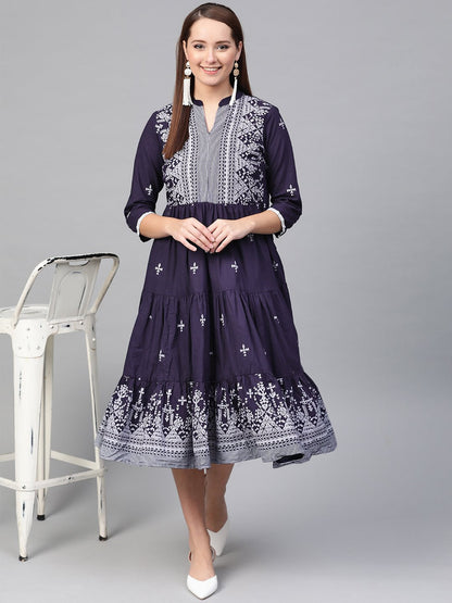 Women Navy Blue & White Tribal Printed Fit And Flare Dress | LASVINI - Redefining Indian Fashion with Elegance