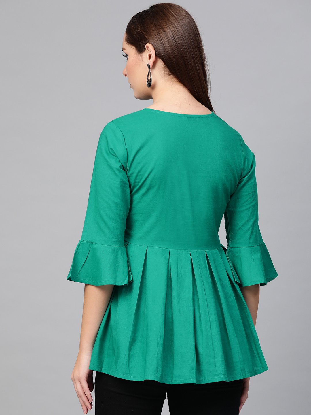 Women Teal Solid Tie-Up Neck Peplum Top | LASVINI - Redefining Indian Fashion with Elegance