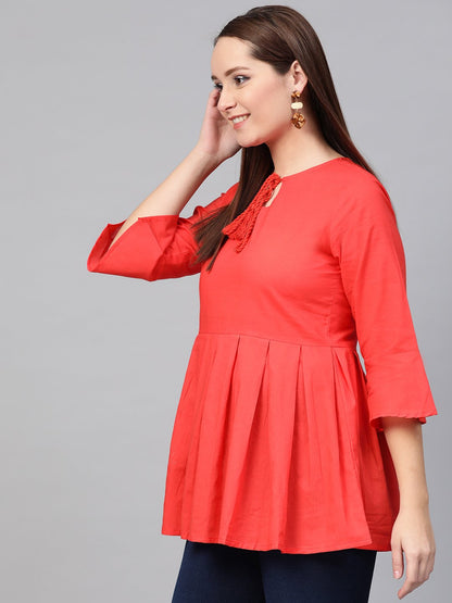 Women Red Solid Tie-Up Neck Peplum Top | LASVINI - Redefining Indian Fashion with Elegance