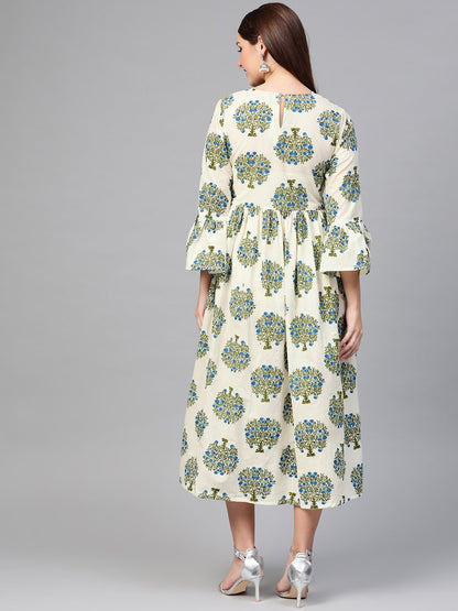 Women White & Blue A-Line Bell Sleeve Maxi Dress | LASVINI - Redefining Indian Fashion with Elegance