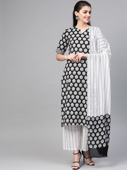 Women Black & White Straight Ethnic Motifs Printed Kurta And Palazzos Set With Dupatta | LASVINI - Redefining Indian Fashion with Elegance