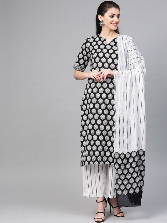 Women Black & White Straight Ethnic Motifs Printed Kurta And Palazzos Set With Dupatta | LASVINI - Redefining Indian Fashion with Elegance