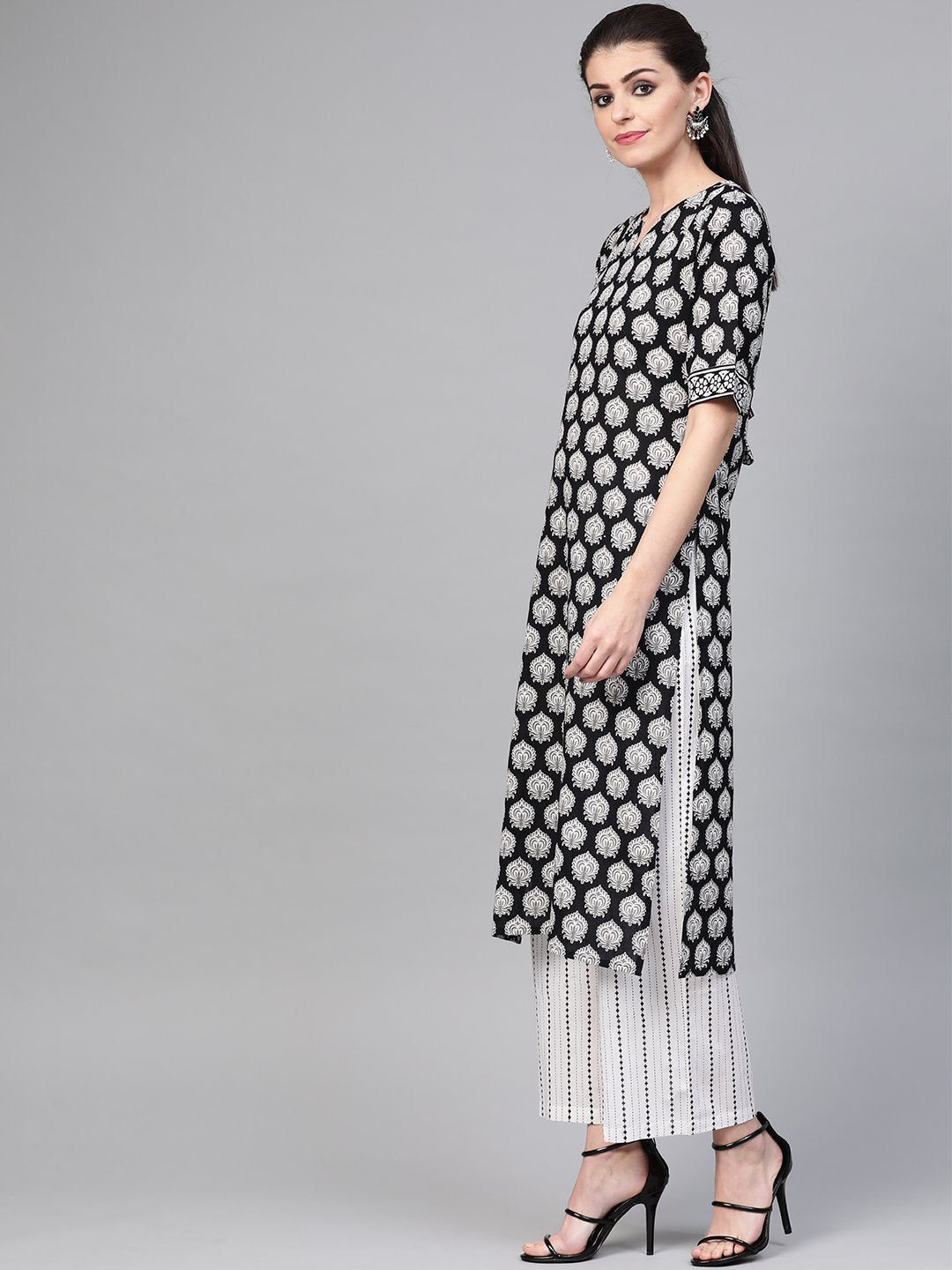 Women Black & White Straight Ethnic Motifs Printed Kurta And Palazzos Set With Dupatta | LASVINI - Redefining Indian Fashion with Elegance