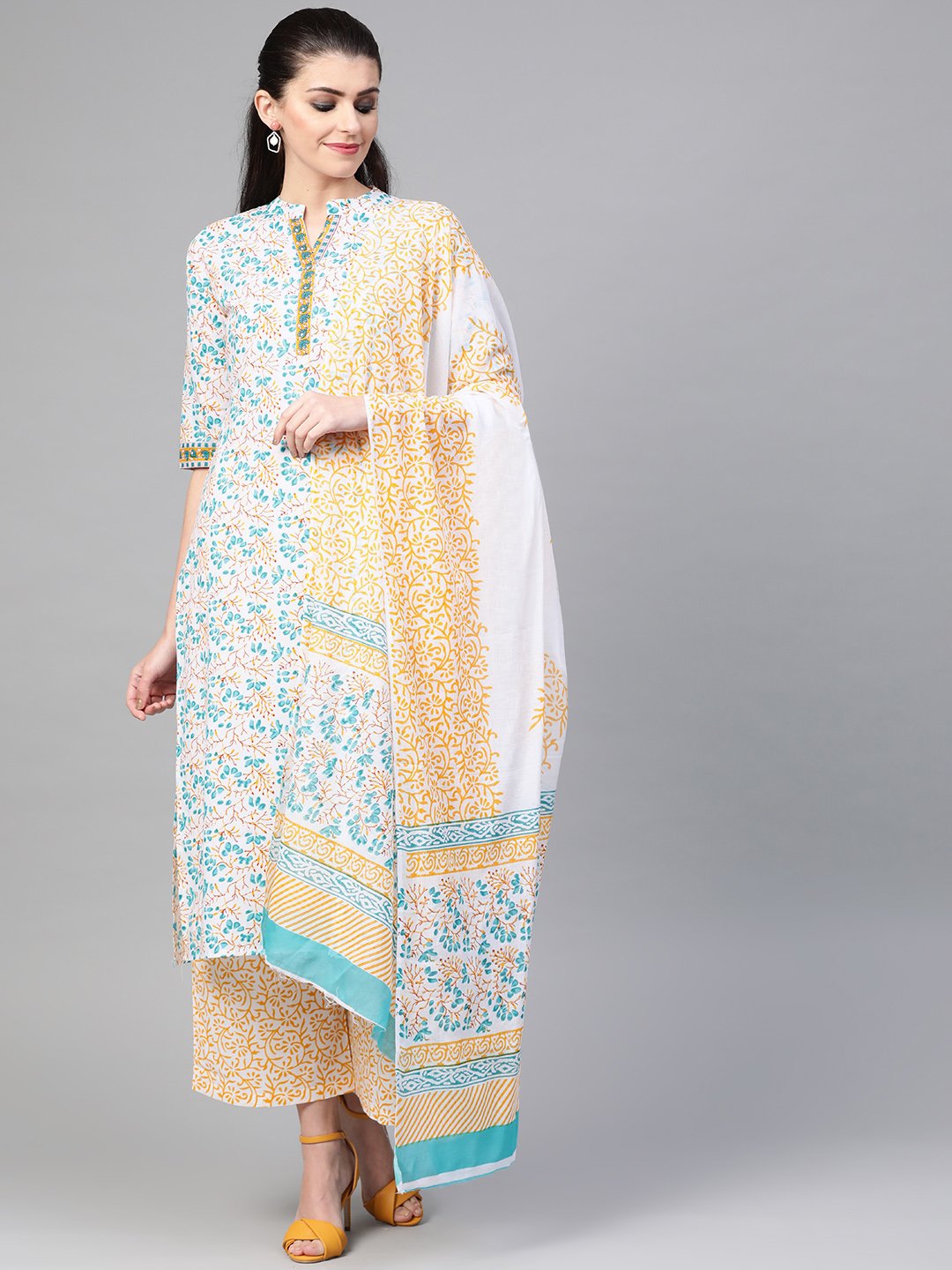 Women White & Blue Straight Floral Printed Kurta And Palazzos Set With Dupatta | LASVINI - Redefining Indian Fashion with Elegance