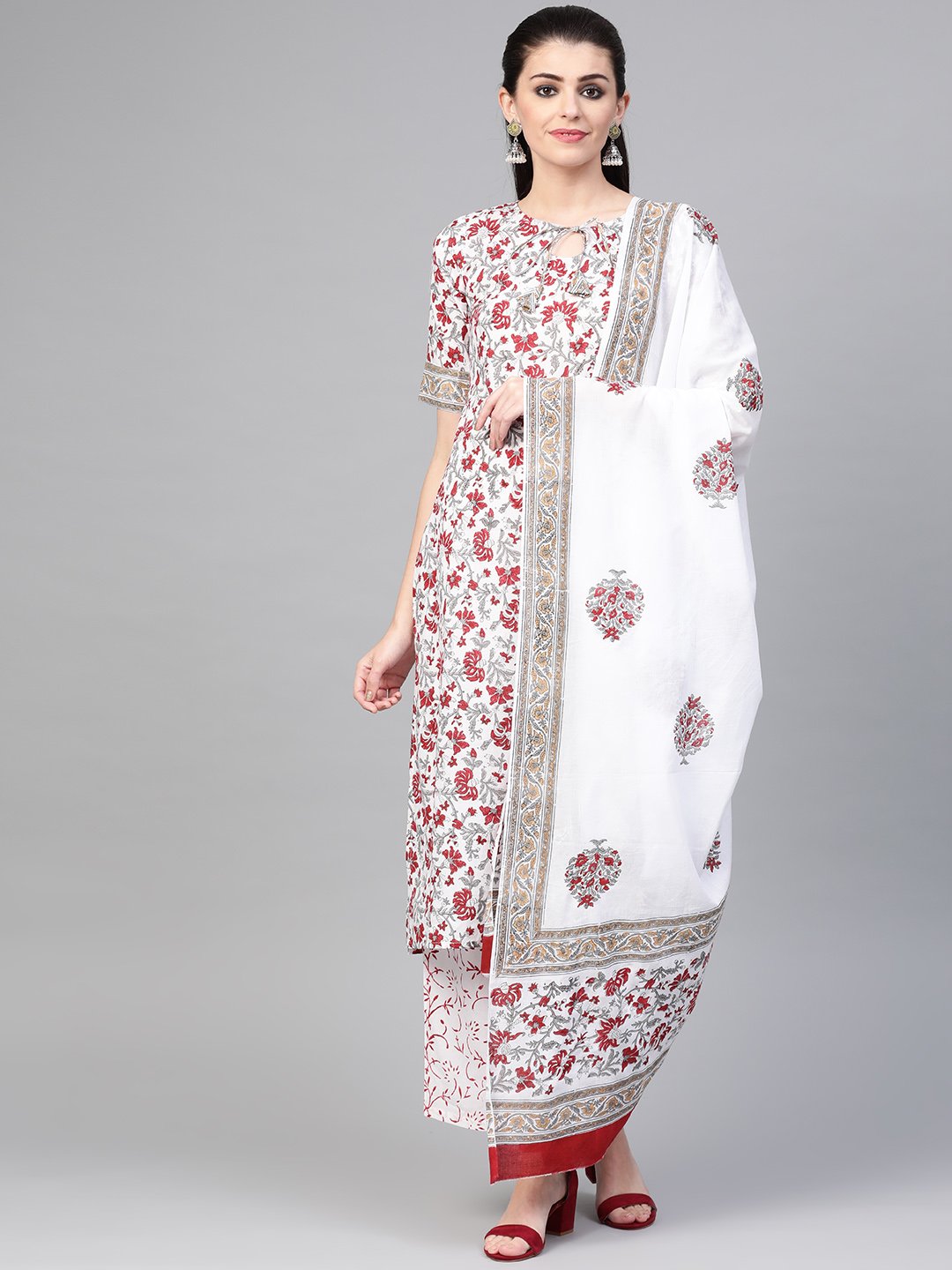 Women White & Maroon Straight Floral Printed Kurta And Palazzos Set With Dupatta | LASVINI - Redefining Indian Fashion with Elegance