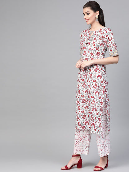 Women White & Maroon Straight Floral Printed Kurta And Palazzos Set With Dupatta | LASVINI - Redefining Indian Fashion with Elegance