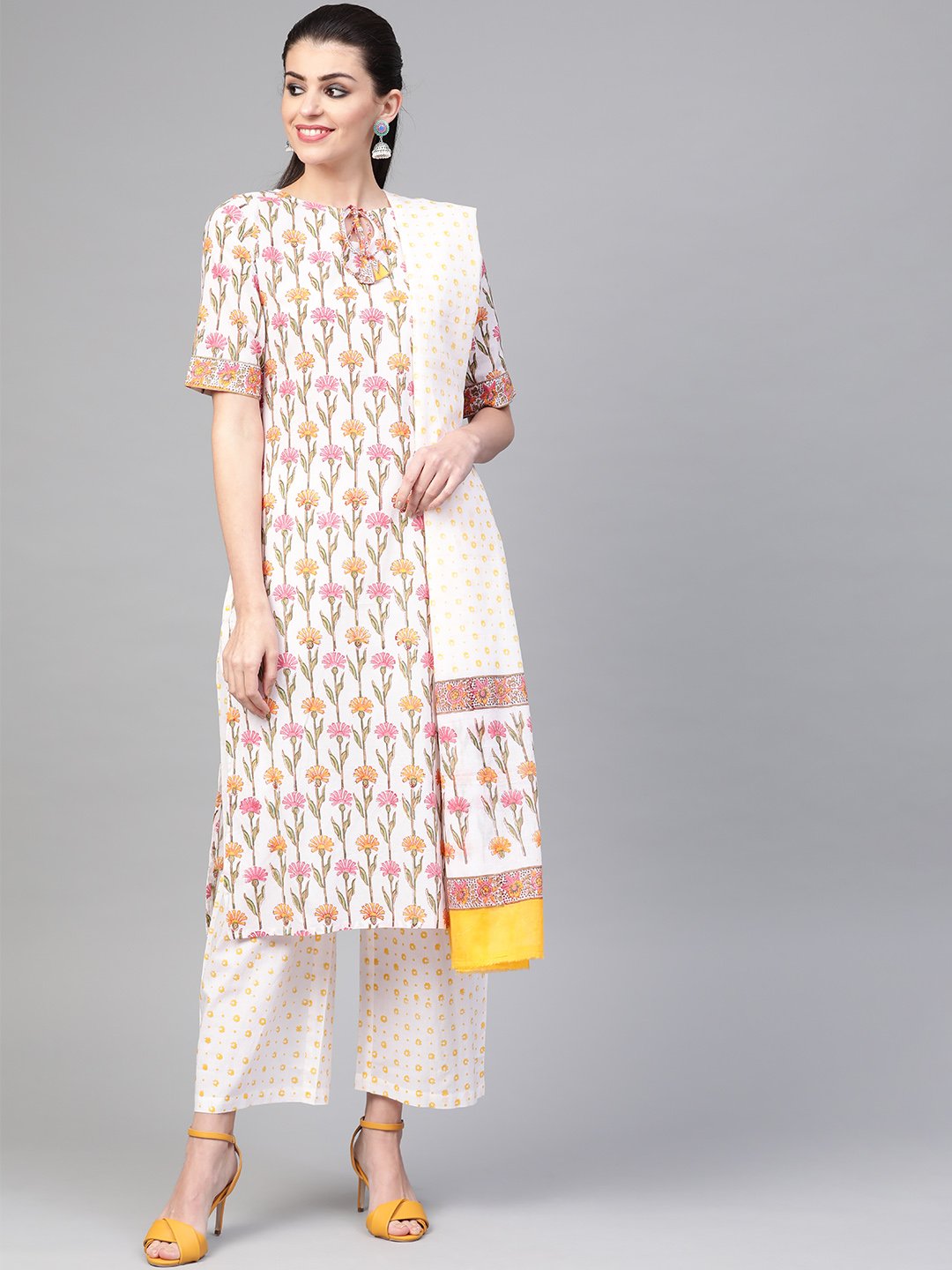 Women White & Multi Straight Floral Printed Kurta And Palazzos Set With Dupatta | LASVINI - Redefining Indian Fashion with Elegance