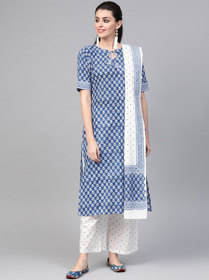 Women Blue & White Straight Floral Printed Kurta And Palazzos Set With Dupatta | LASVINI - Redefining Indian Fashion with Elegance