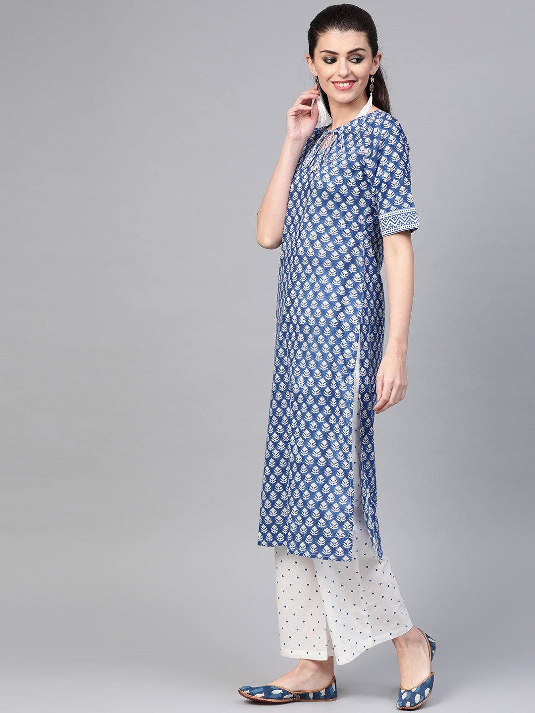 Women Blue & White Straight Floral Printed Kurta And Palazzos Set With Dupatta | LASVINI - Redefining Indian Fashion with Elegance