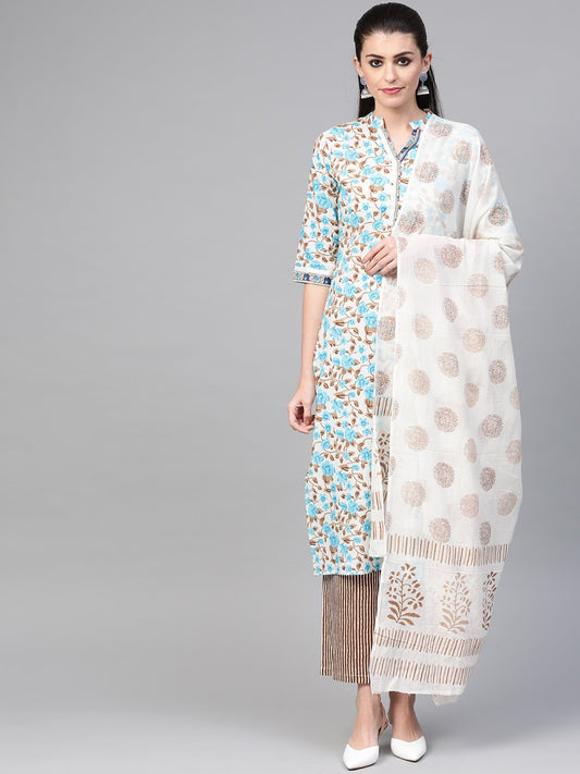 Women Blue & Beige Straight Floral Printed Kurta And Palazzos Set With Dupatta | LASVINI - Redefining Indian Fashion with Elegance