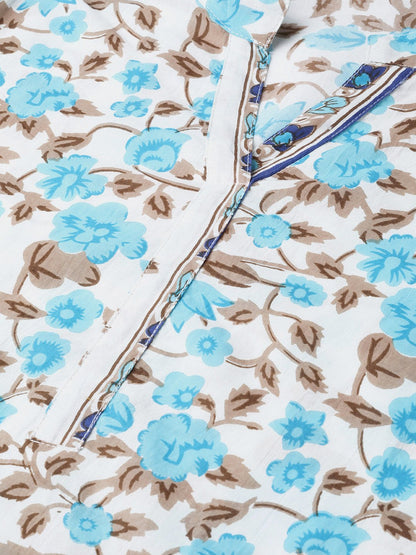 Women Blue & Beige Straight Floral Printed Kurta And Palazzos Set With Dupatta | LASVINI - Redefining Indian Fashion with Elegance