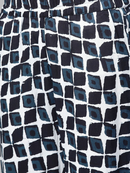 Women White & Navy Blue Straight Geometric Printed Kurta And Trousers Set | LASVINI - Redefining Indian Fashion with Elegance