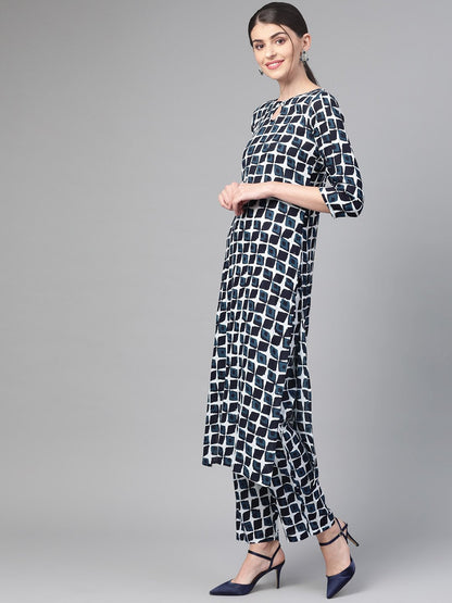 Women White & Navy Blue Straight Geometric Printed Kurta And Trousers Set | LASVINI - Redefining Indian Fashion with Elegance