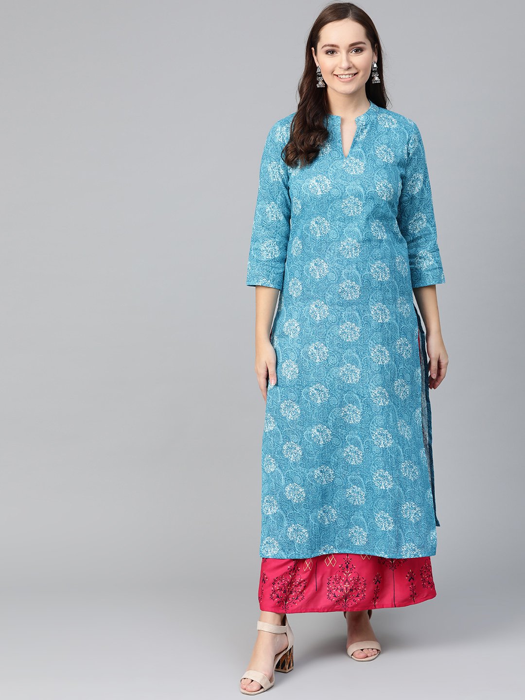 Women Blue & White Straight Paisley Printed Kurta And Skirt Set | LASVINI - Redefining Indian Fashion with Elegance