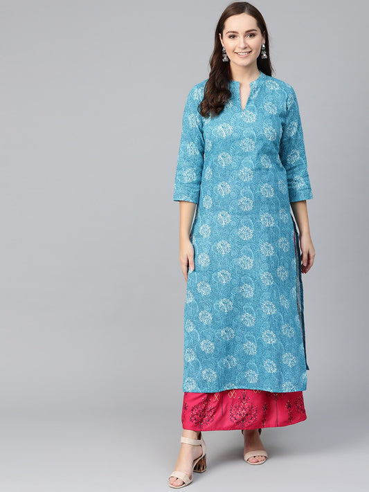 Women Blue & White Straight Paisley Printed Kurta And Skirt Set | LASVINI - Redefining Indian Fashion with Elegance