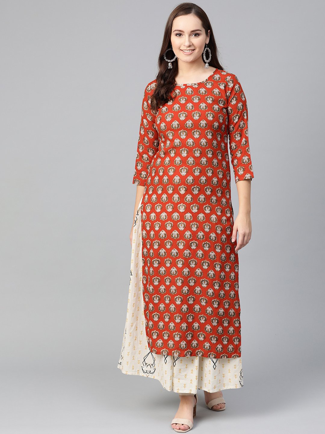 Women Rust & Beige Straight Ethnic Motifs Printed Kurta And Skirt Set | LASVINI - Redefining Indian Fashion with Elegance