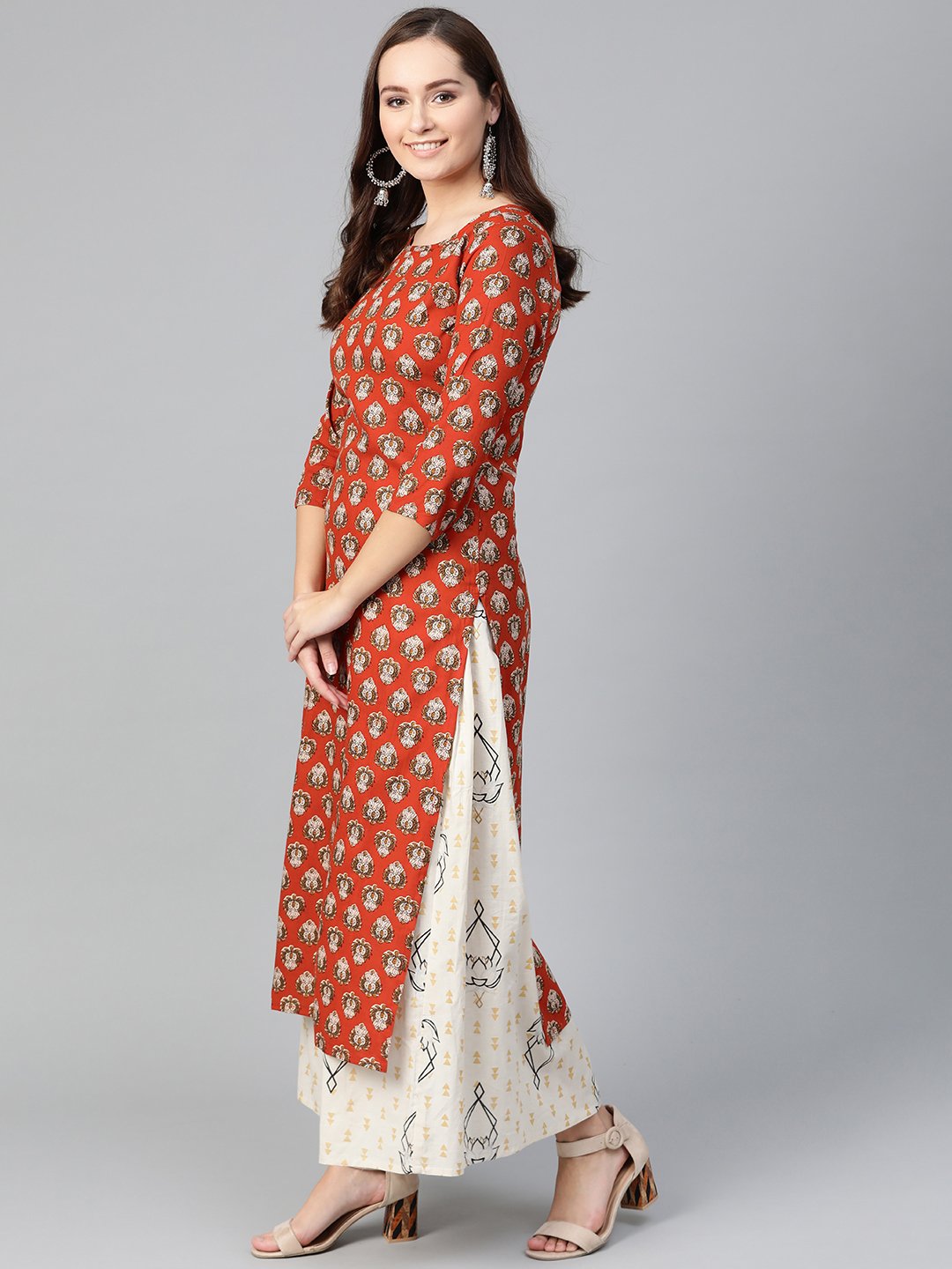 Women Rust & Beige Straight Ethnic Motifs Printed Kurta And Skirt Set | LASVINI - Redefining Indian Fashion with Elegance