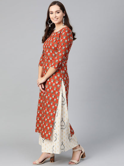 Women Rust & Beige Straight Ethnic Motifs Printed Kurta And Skirt Set | LASVINI - Redefining Indian Fashion with Elegance