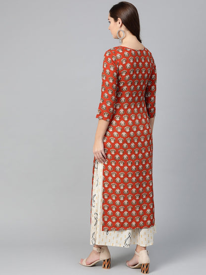 Women Rust & Beige Straight Ethnic Motifs Printed Kurta And Skirt Set | LASVINI - Redefining Indian Fashion with Elegance