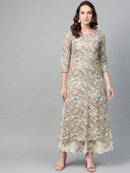 Women Grey & Cream Straight Floral Printed Kurta And Skirt Set | LASVINI - Redefining Indian Fashion with Elegance