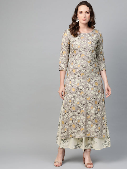 Women Grey & Cream Straight Floral Printed Kurta And Skirt Set | LASVINI - Redefining Indian Fashion with Elegance