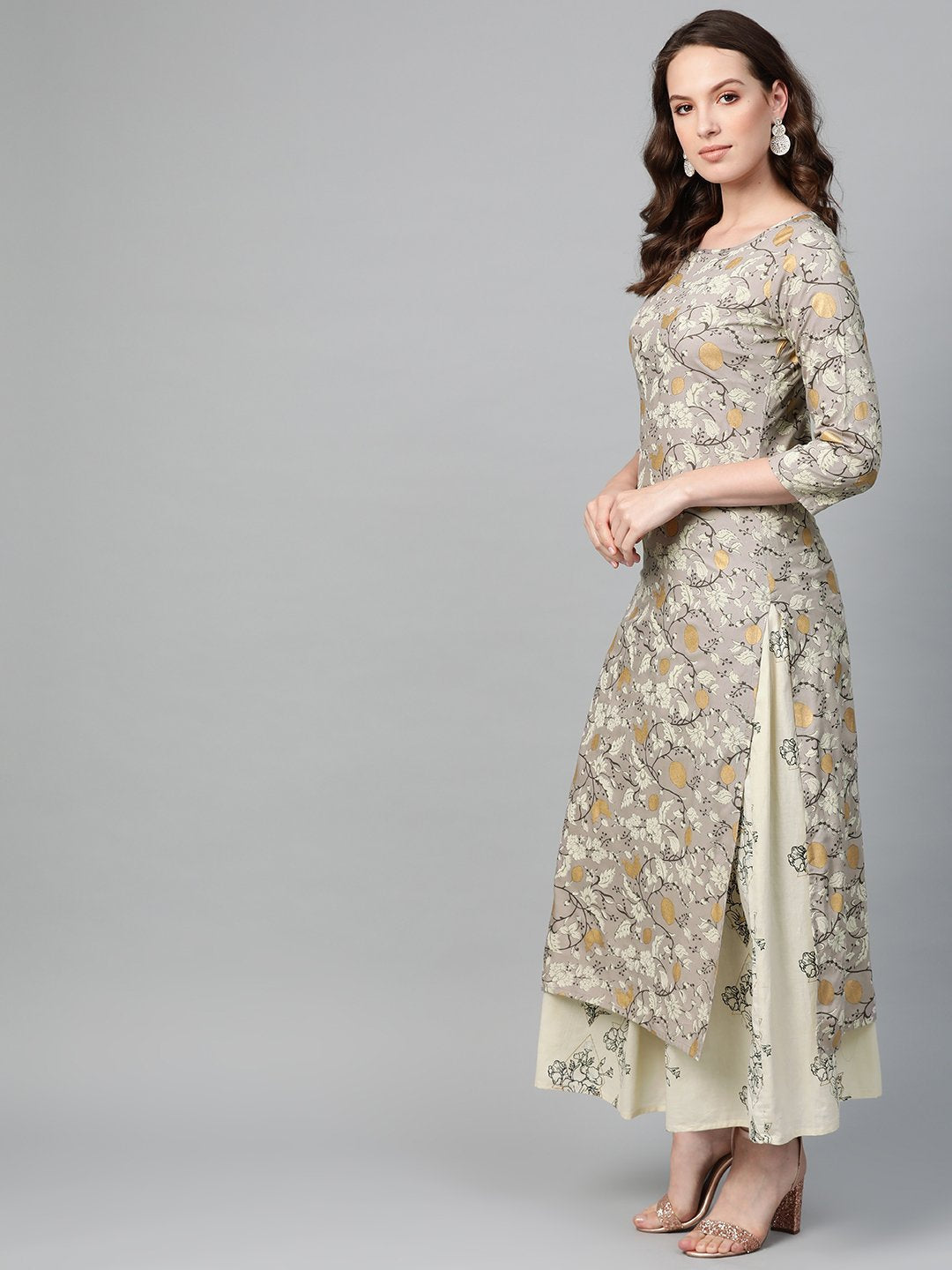 Women Grey & Cream Straight Floral Printed Kurta And Skirt Set | LASVINI - Redefining Indian Fashion with Elegance
