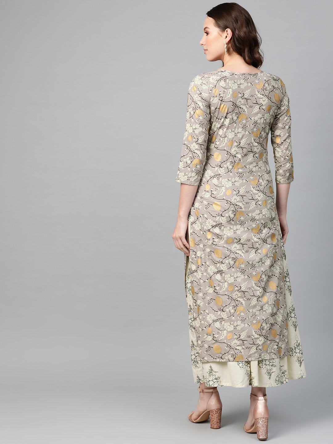 Women Grey & Cream Straight Floral Printed Kurta And Skirt Set | LASVINI - Redefining Indian Fashion with Elegance