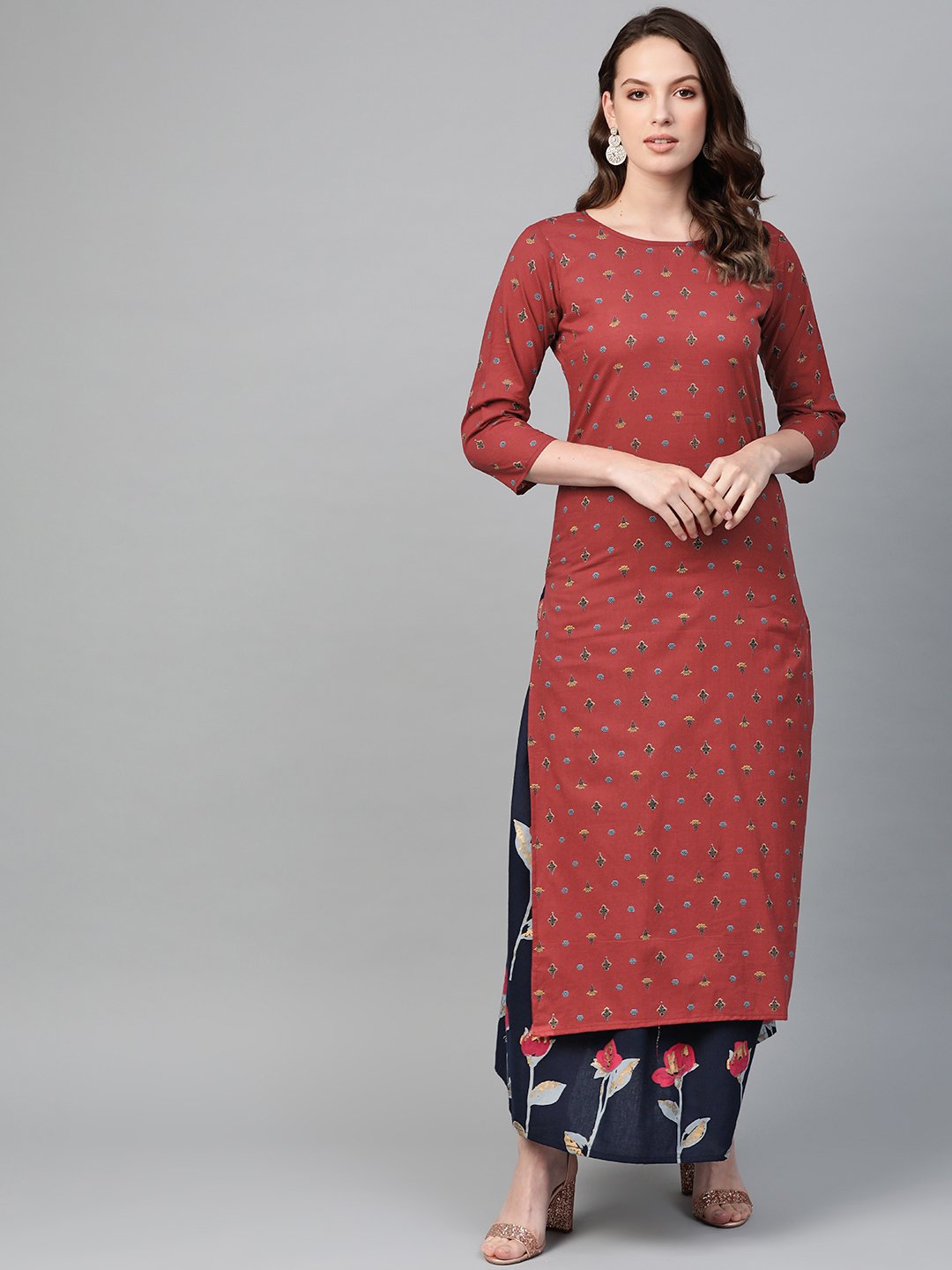 Women Maroon & Navy Blue Straight Floral Printed Kurta And Skirt Set | LASVINI - Redefining Indian Fashion with Elegance