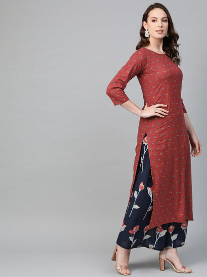 Women Maroon & Navy Blue Straight Floral Printed Kurta And Skirt Set | LASVINI - Redefining Indian Fashion with Elegance