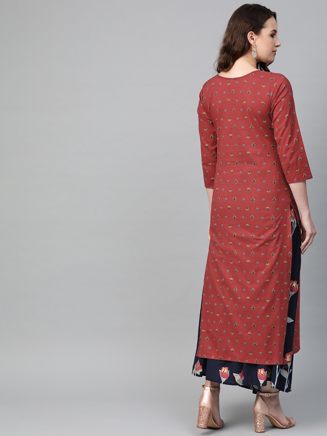 Women Maroon & Navy Blue Straight Floral Printed Kurta And Skirt Set | LASVINI - Redefining Indian Fashion with Elegance