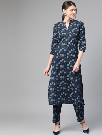 Women Navy Blue & Blue Straight Floral Printed Kurta And Trousers Set | LASVINI - Redefining Indian Fashion with Elegance