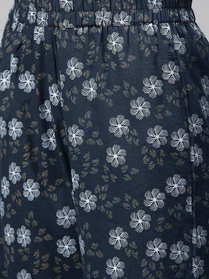 Women Navy Blue & Blue Straight Floral Printed Kurta And Trousers Set | LASVINI - Redefining Indian Fashion with Elegance