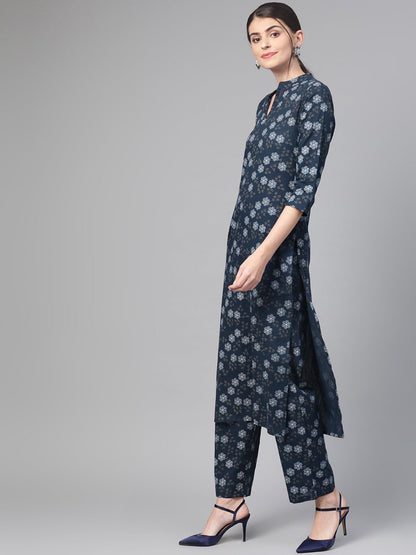 Women Navy Blue & Blue Straight Floral Printed Kurta And Trousers Set | LASVINI - Redefining Indian Fashion with Elegance