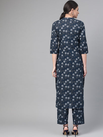 Women Navy Blue & Blue Straight Floral Printed Kurta And Trousers Set | LASVINI - Redefining Indian Fashion with Elegance