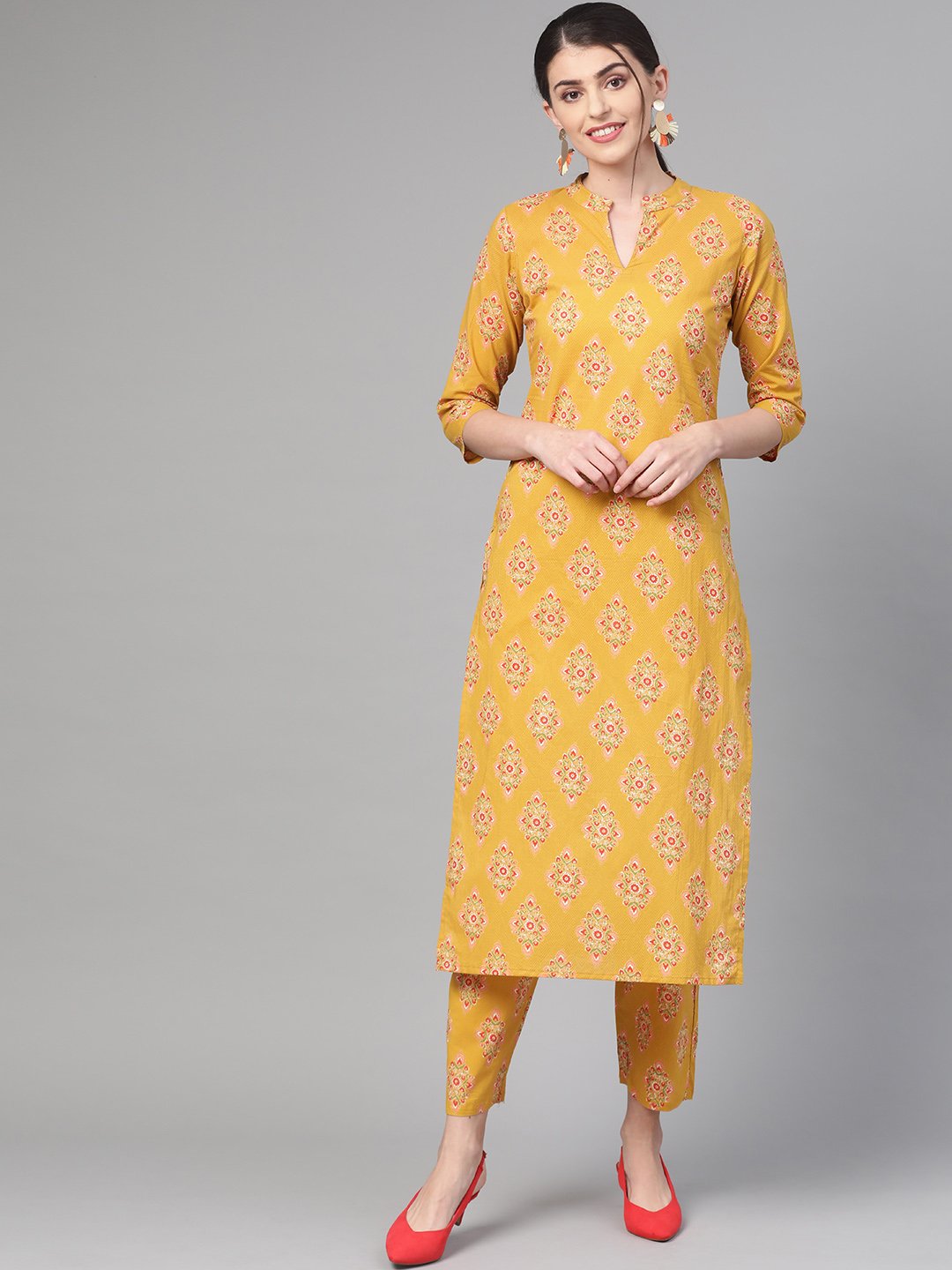 Women Mustard & Peach Straight Floral Printed Kurta And Trousers Set | LASVINI - Redefining Indian Fashion with Elegance