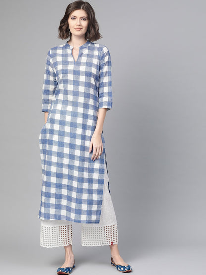 Adults-Women White & Blue Cotton Straight Checked Checked Kurta | LASVINI - Redefining Indian Fashion with Elegance
