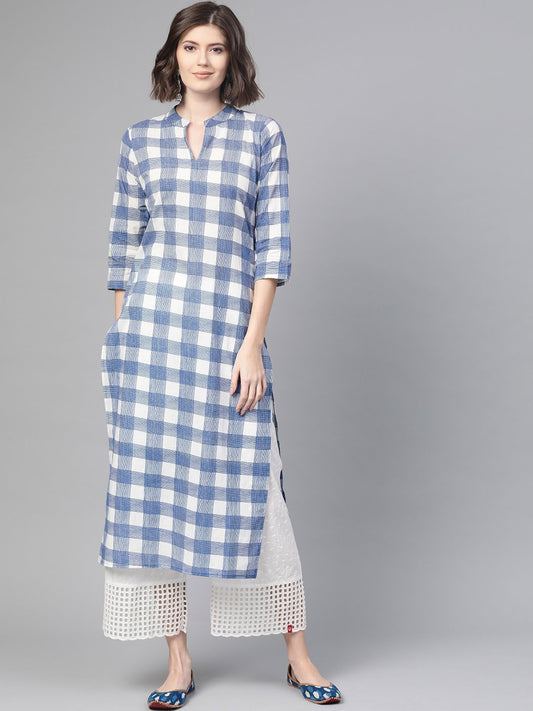 Adults-Women White & Blue Cotton Straight Checked Checked Kurta | LASVINI - Redefining Indian Fashion with Elegance