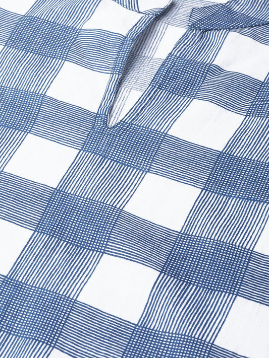 Adults-Women White & Blue Cotton Straight Checked Checked Kurta | LASVINI - Redefining Indian Fashion with Elegance