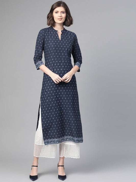 Adults-Women Navy Blue & White Cotton Straight Ethnic Motifs Printed Kurta | LASVINI - Redefining Indian Fashion with Elegance