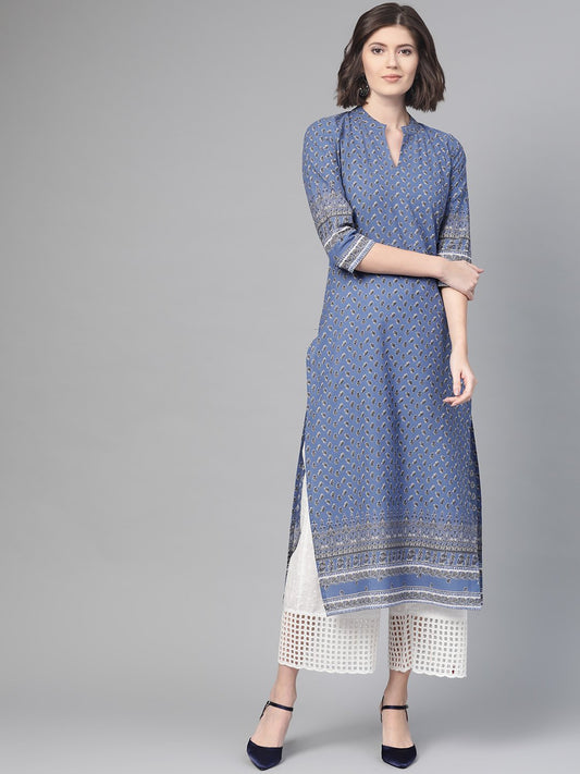 Adults-Women Purple & White Cotton Straight Floral Printed Kurta | LASVINI - Redefining Indian Fashion with Elegance
