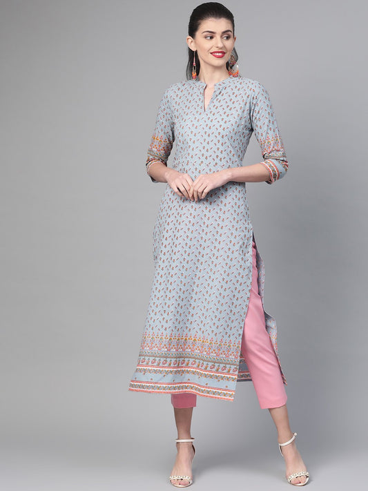 Adults-Women Blue & Pink Cotton Straight Floral Printed Kurta | LASVINI - Redefining Indian Fashion with Elegance