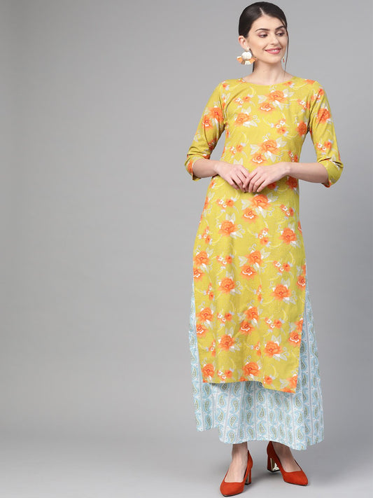 Women Green & Orange Straight Floral Printed Kurta And Skirt Set | LASVINI - Redefining Indian Fashion with Elegance