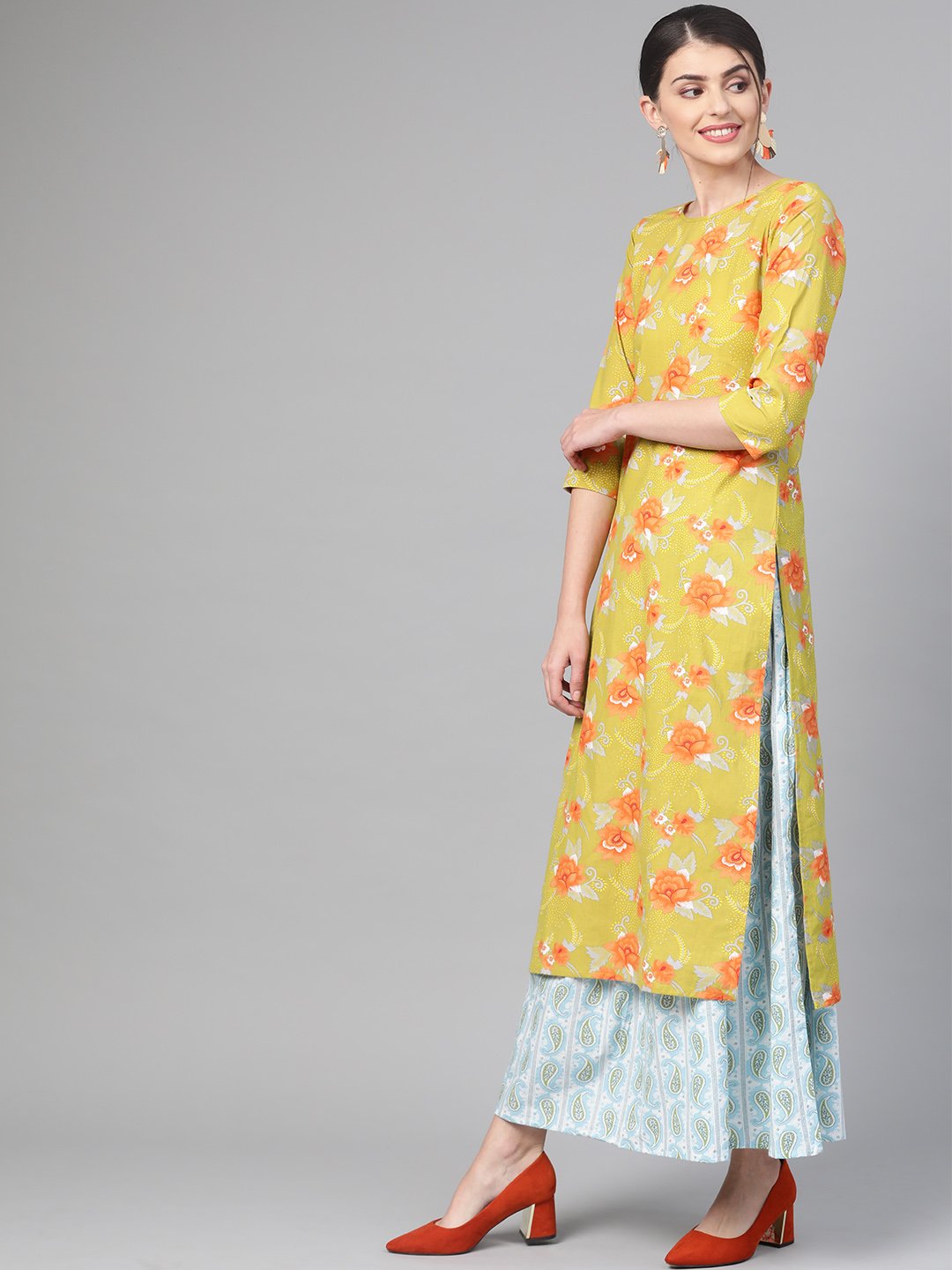 Women Green & Orange Straight Floral Printed Kurta And Skirt Set | LASVINI - Redefining Indian Fashion with Elegance