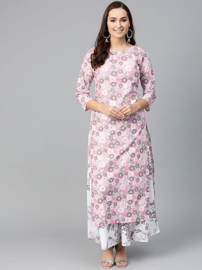 Women Pink & Grey Straight Floral Printed Kurta And Skirt Set | LASVINI - Redefining Indian Fashion with Elegance