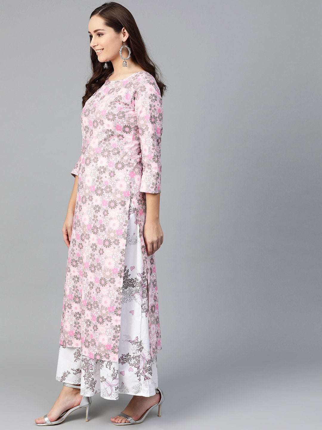 Women Pink & Grey Straight Floral Printed Kurta And Skirt Set | LASVINI - Redefining Indian Fashion with Elegance