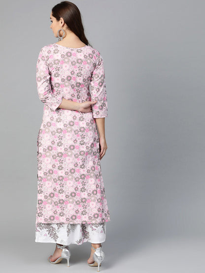 Women Pink & Grey Straight Floral Printed Kurta And Skirt Set | LASVINI - Redefining Indian Fashion with Elegance