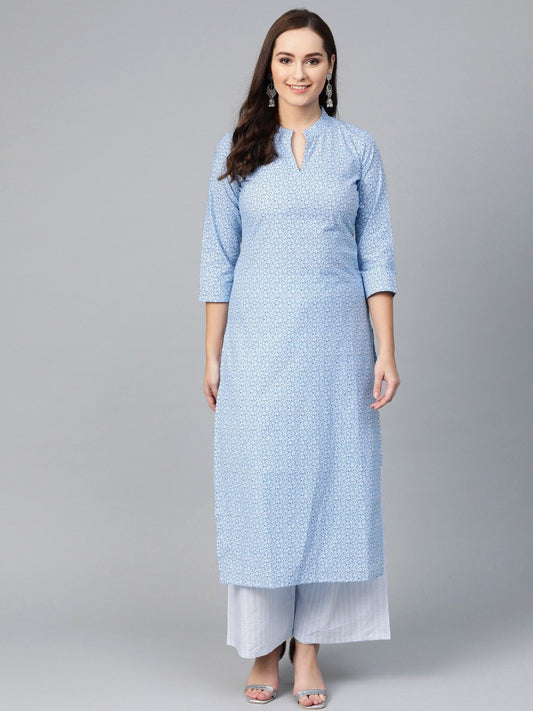 Women Blue & White Straight Floral Printed Kurta And Palazzos Set | LASVINI - Redefining Indian Fashion with Elegance